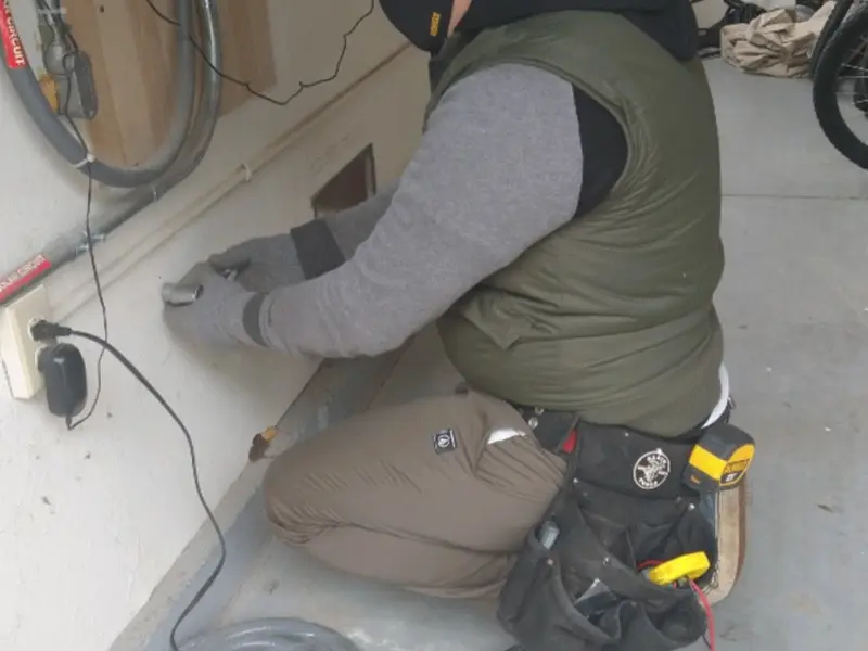 Electrician performing outlet wiring in a Suffolk garage